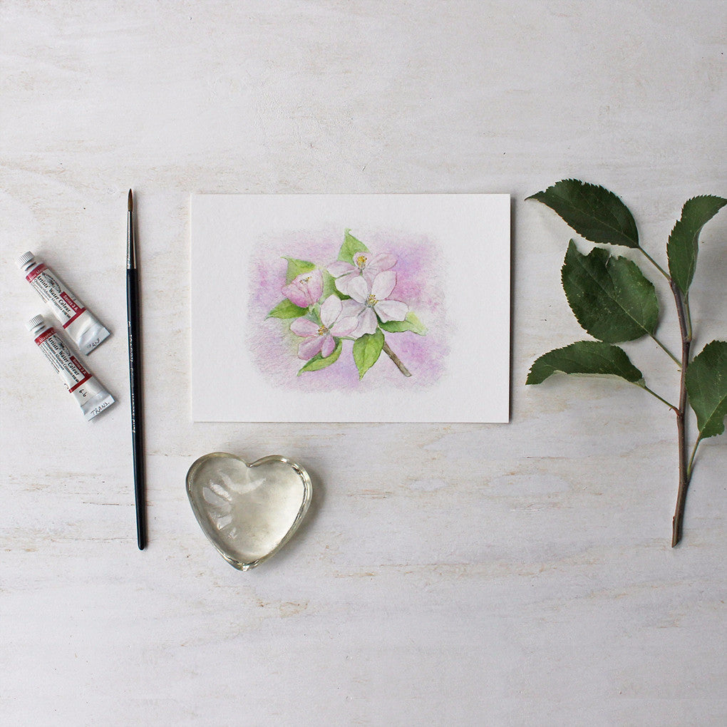 Apple blossom watercolor print by Kathleen Maunder of Trowel and Paintbrush.