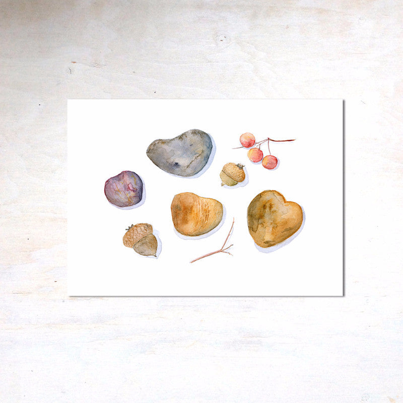 Watercolor print of heart shaped rocks, acorns and berries. Watercolor artist Kathleen Maunder - Trowel and Paintbrush