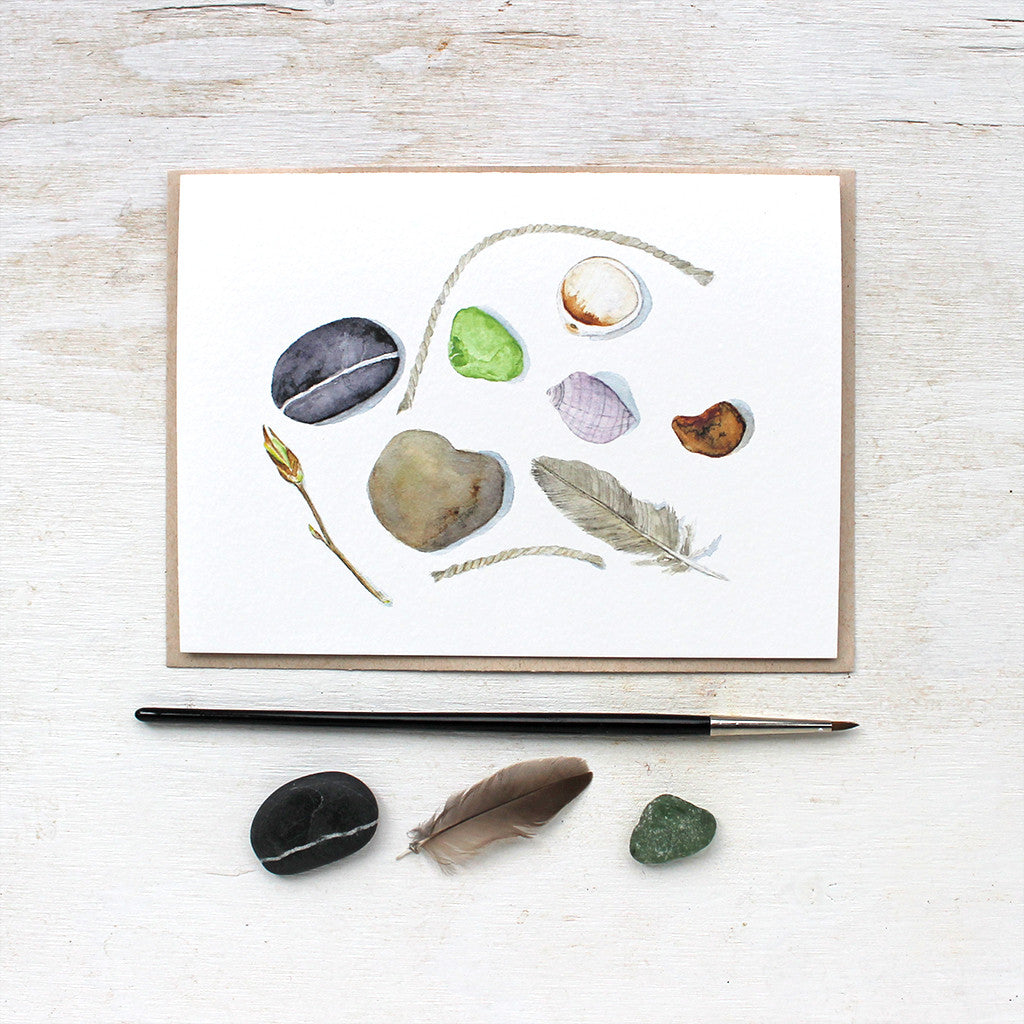 A lovely note card featuring natural objects found on a beach. Watercolor artist Kathleen Maunder.