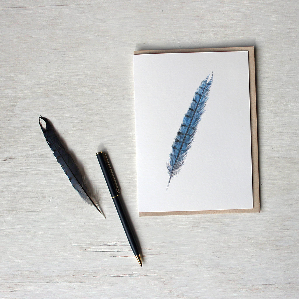 Note card featuring a watercolor painting of a blue jay feather. Artist Kathleen Maunder.