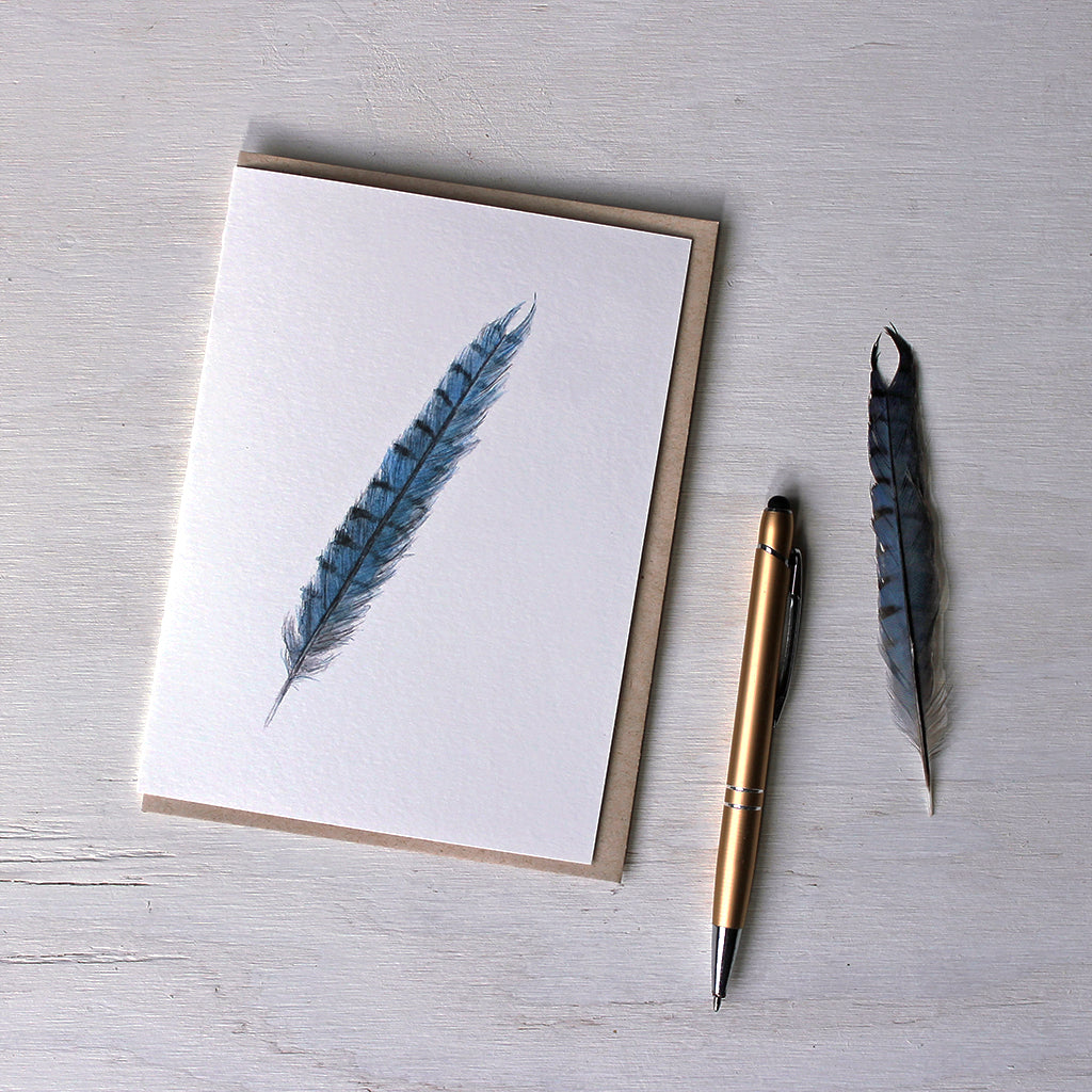 Note card featuring a watercolor painting of a blue jay feather. Artist Kathleen Maunder.