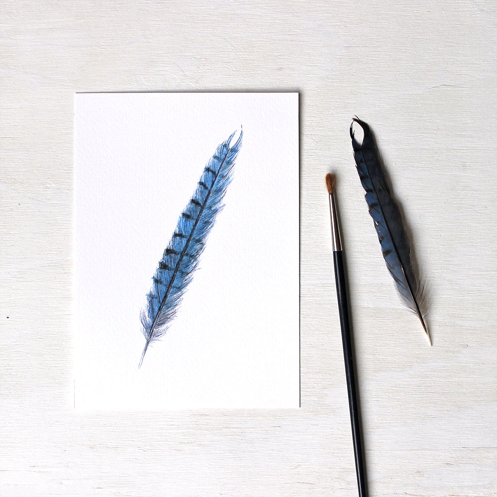 An art print featuring a watercolor painting of a blue jay feather. Artist Kathleen Maunder.