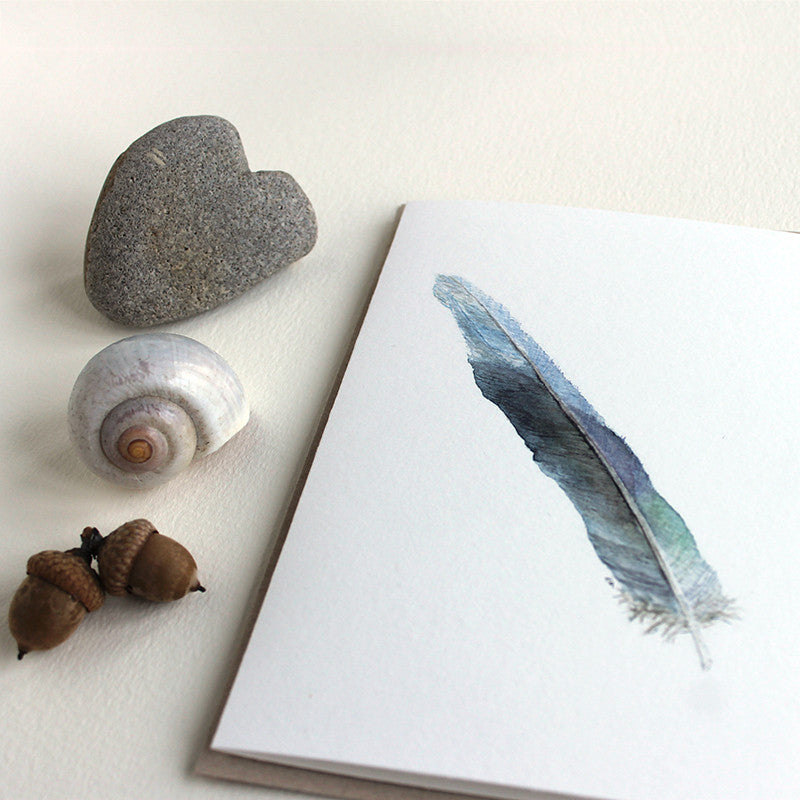 Blue parrot feather painting by watercolor artist Kathleen Maunder. Set of five blank note cards.