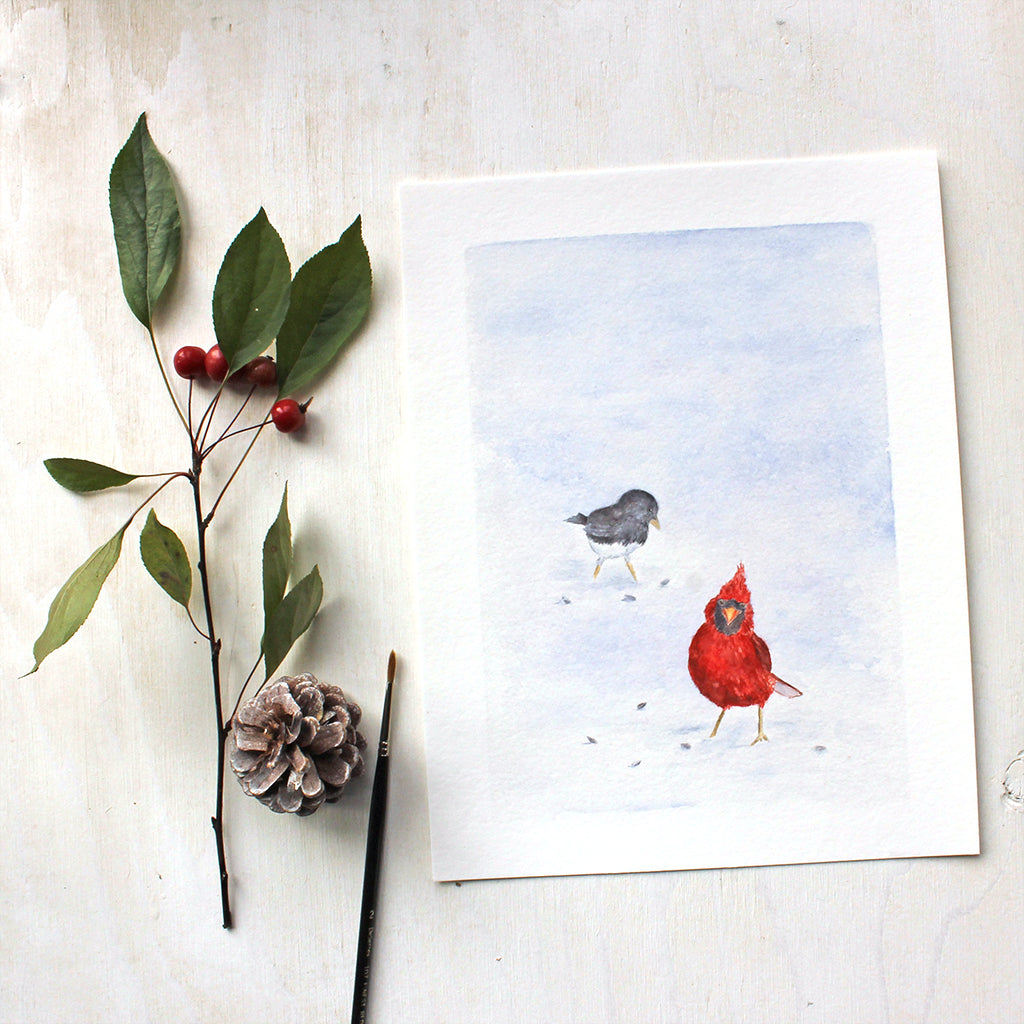 Cardinal and Junco - Winter Bird Art Print by Watercolour Artist Kathleen Maunder