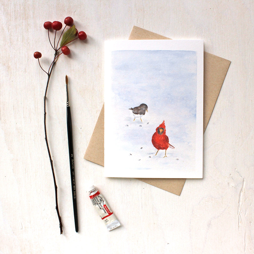 Cardinal and Junco - Bird Note Cards by Kathleen Maunder