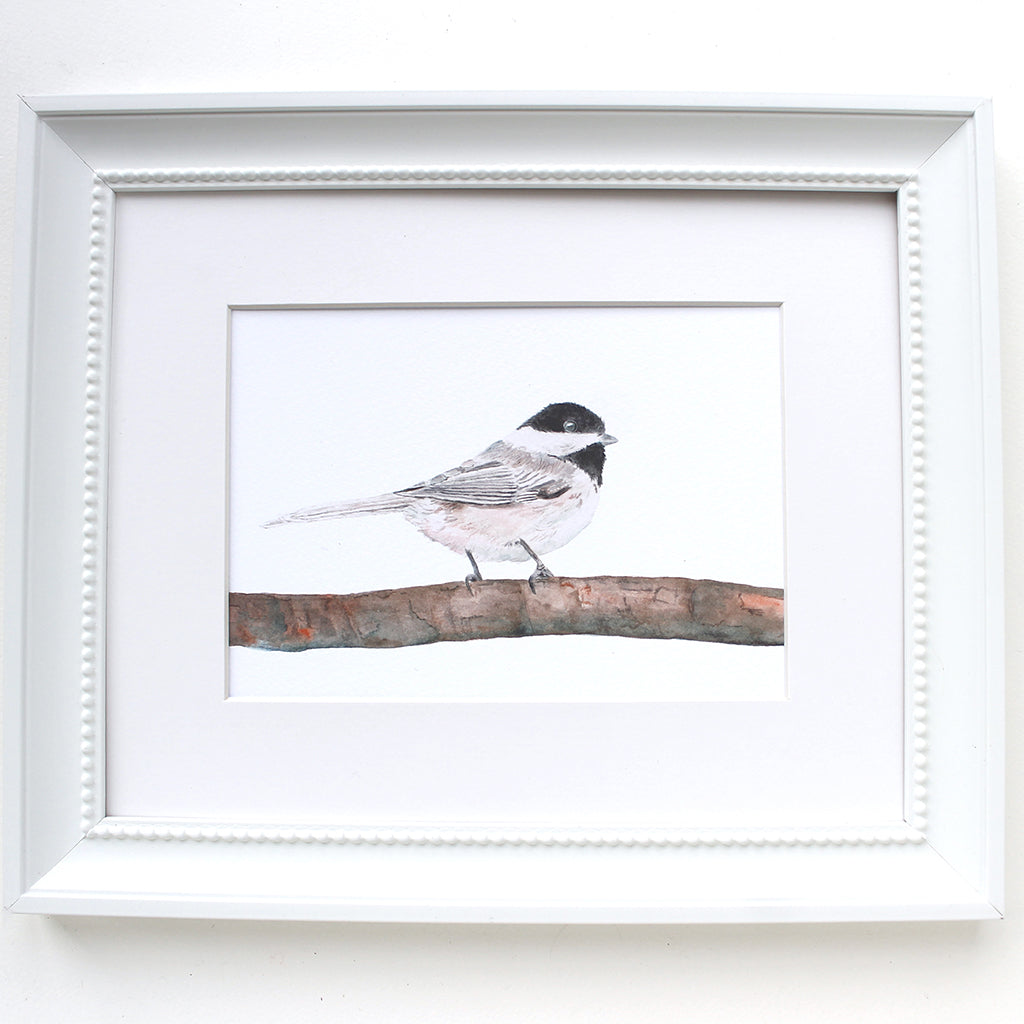 Black-capped chickadee watercolour art print. Artist Kathleen Maunder.