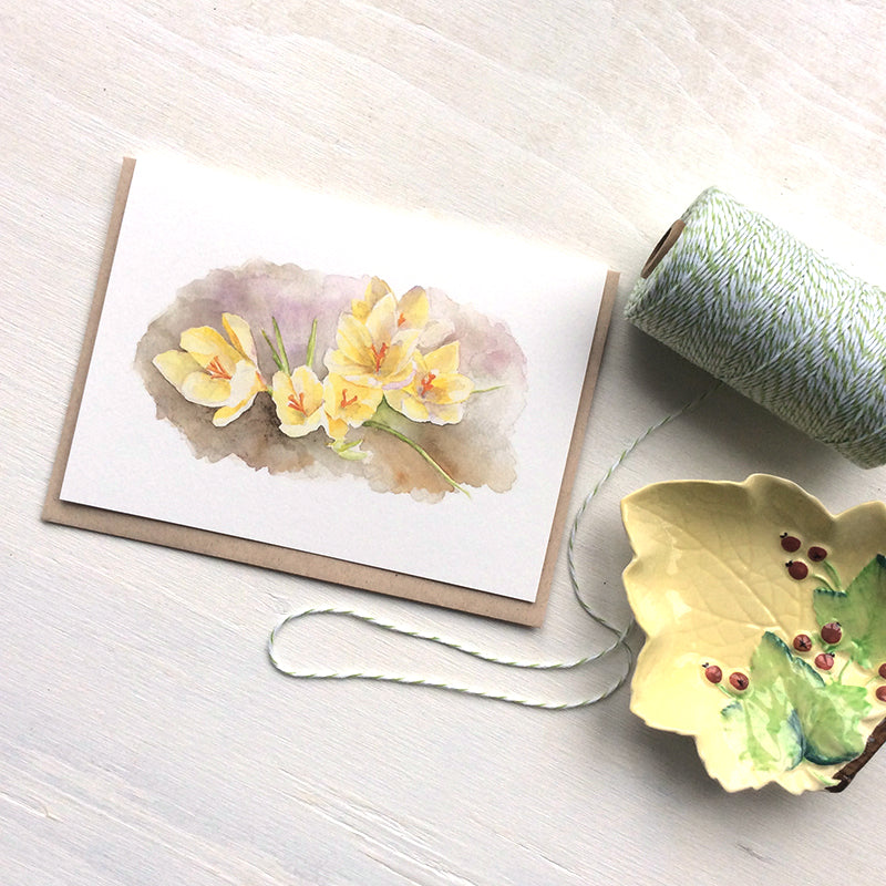 Note cards featuring a watercolor painting of yellow crocuses by Kathleen Maunder