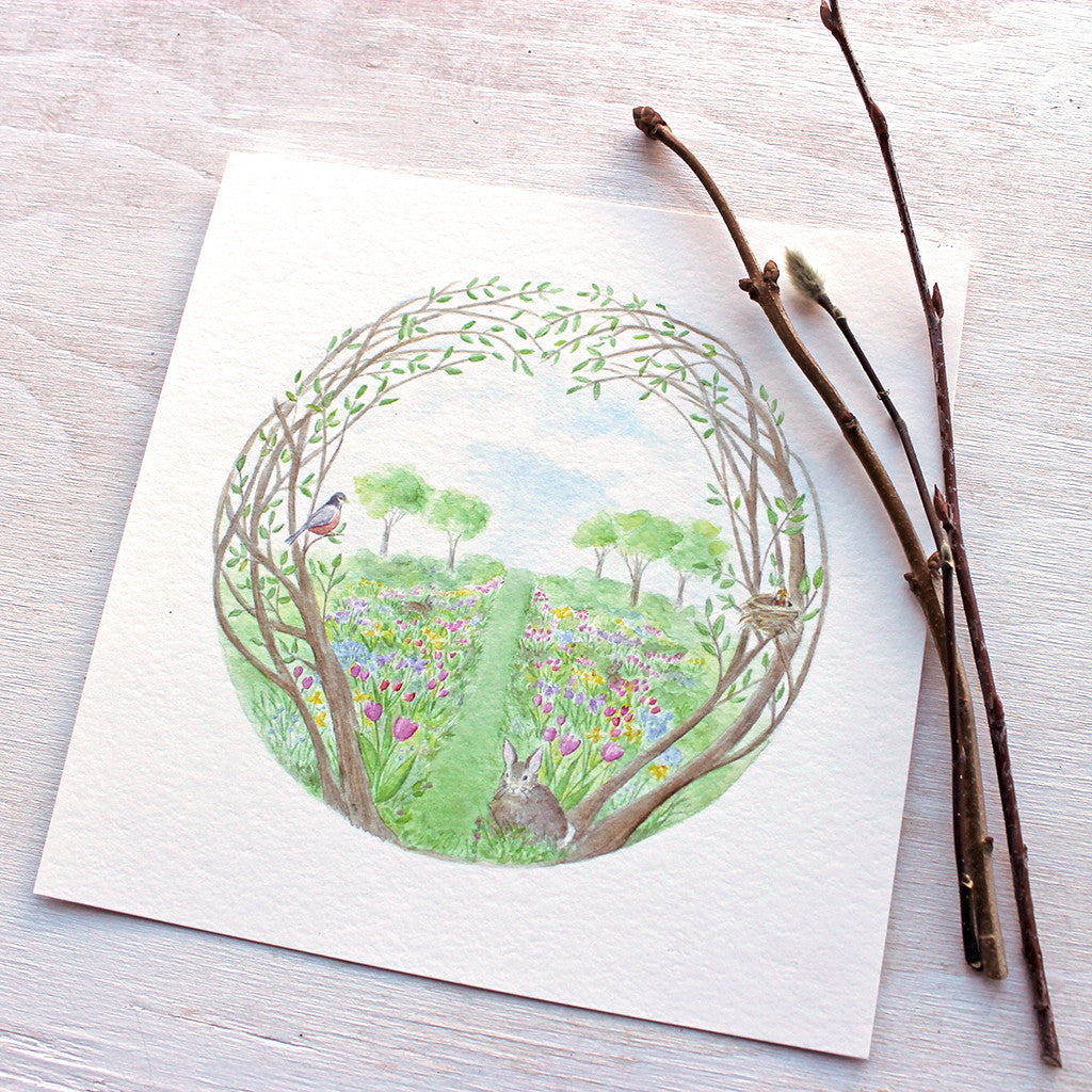 Secret Garden square watercolor art print by artist Kathleen Maunder featuring a lovely curved tree, spring flowers, rabbits and birds