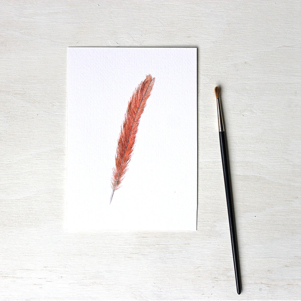 Art print featuring an original watercolor painting of an orange-red female cardinal tail feather by Kathleen Maunder.
