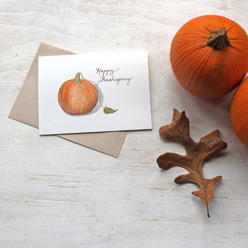 Happy Thanksgiving greeting cards featuring a pumpkin painting by Kathleen Maunder