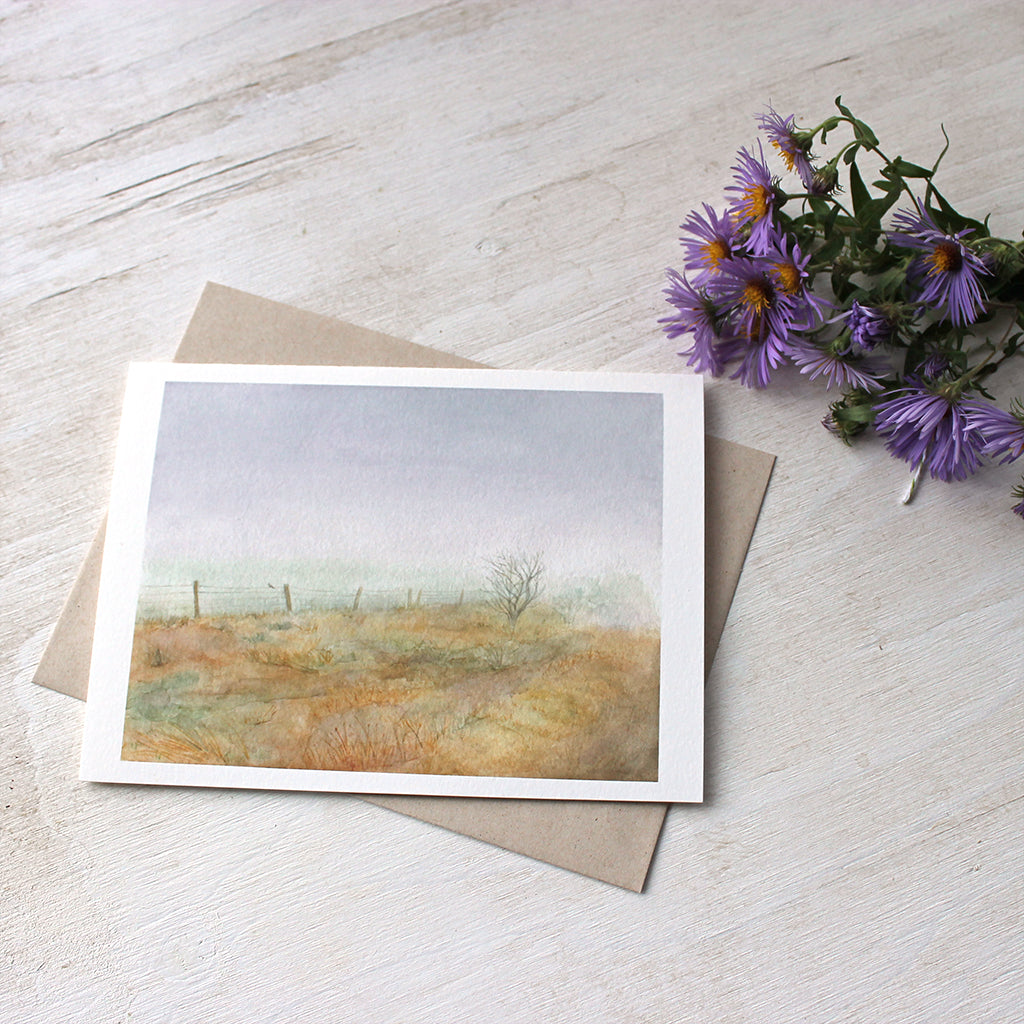 A beautiful note card featuring a moody watercolour of Haworth moor where the Brontë sisters used to walk. Landscape painting by Kathleen Maunder.