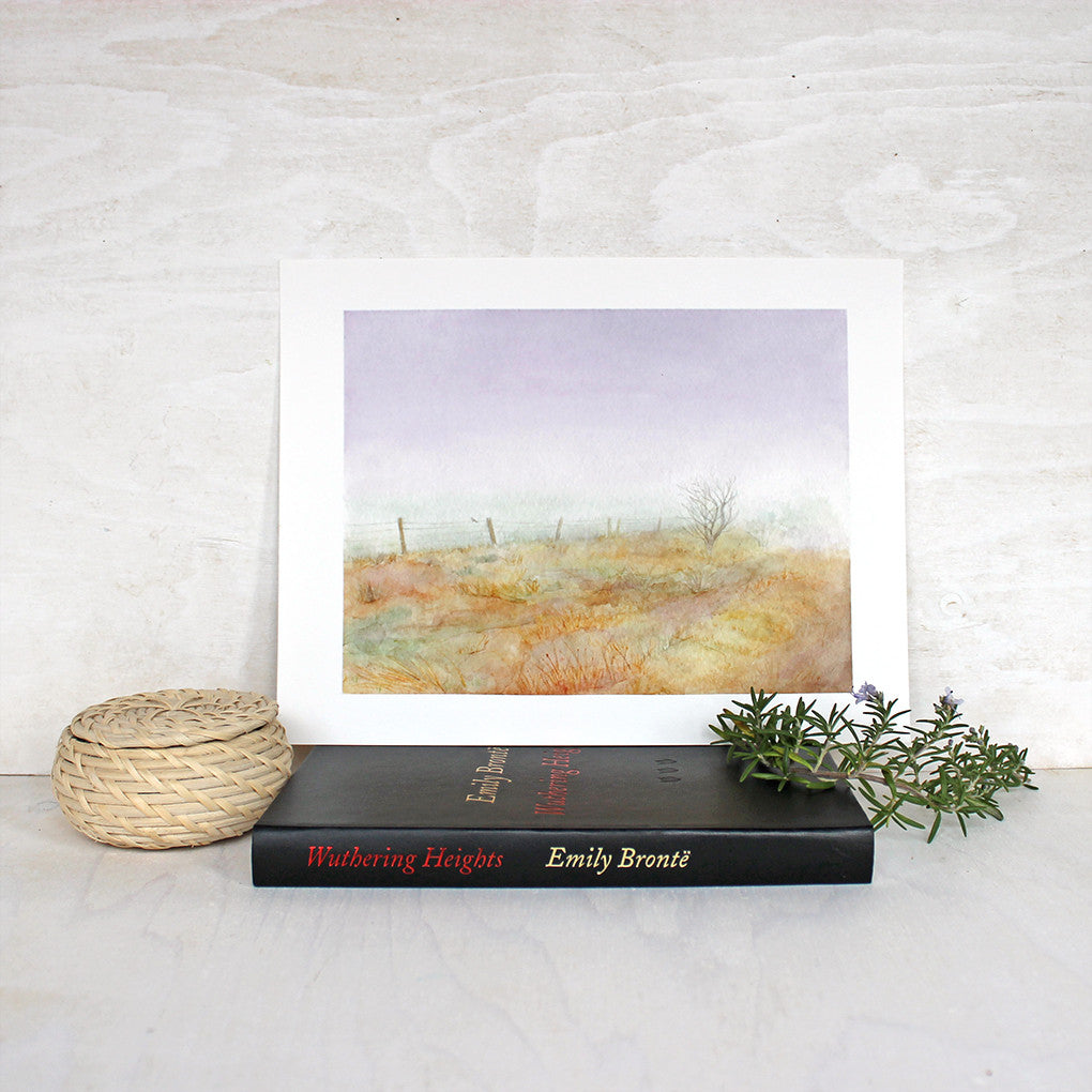 An art print of a delicate moody watercolour painting of misty Haworth Moor where the Brontë sisters used to walk. Artist Kathleen Maunder of Trowel and Paintbrush