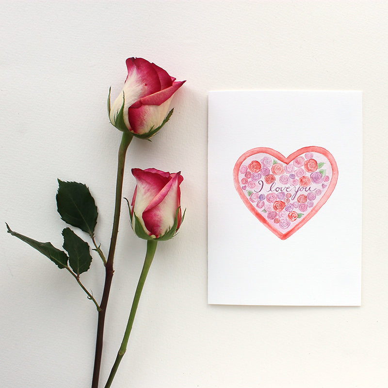 Heart and Roses card that says 'I love you' by Kathleen Maunder of Trowel and Paintbrush