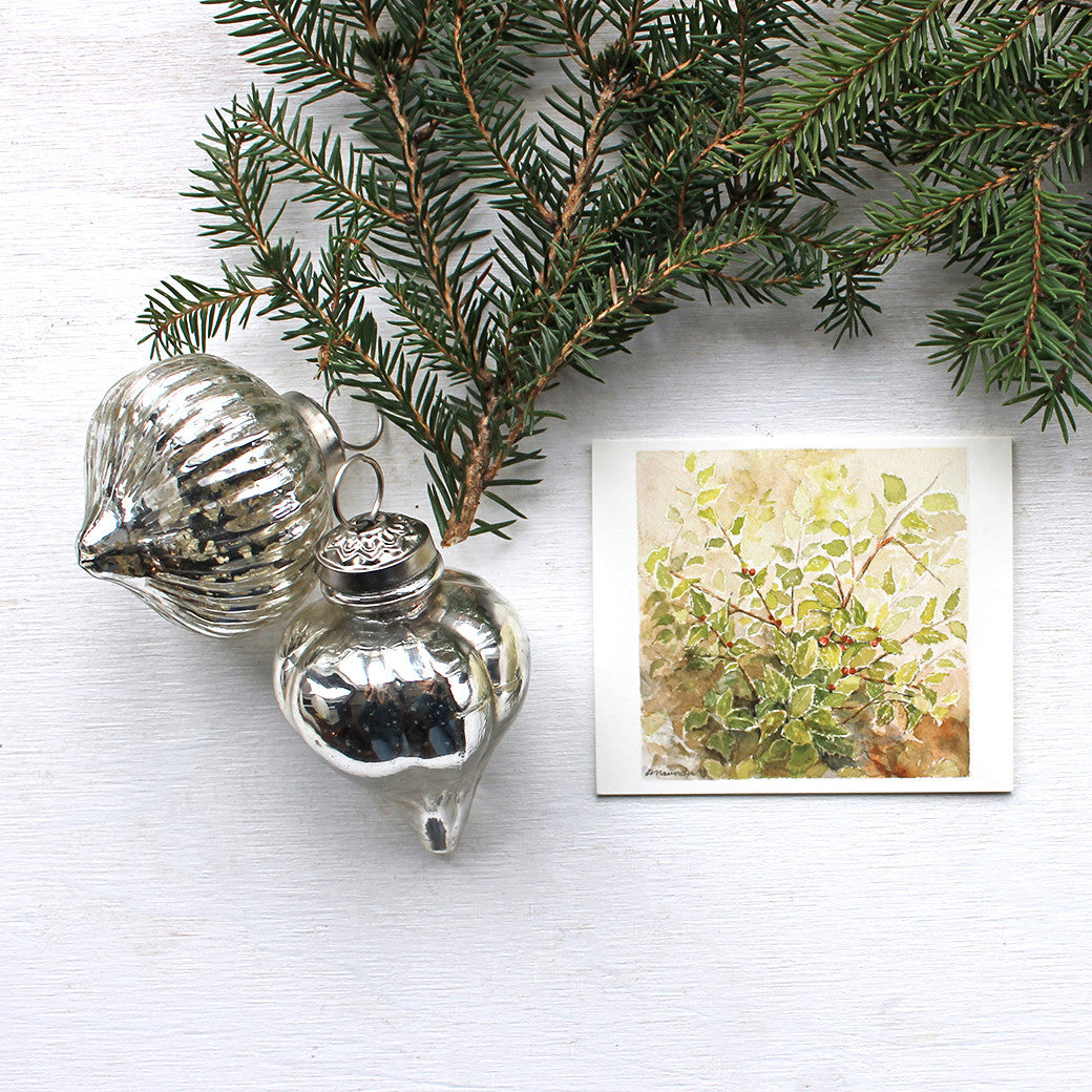 Holly gift tag featuring watercolor by Kathleen Maunder, trowelandpaintbrush.com
