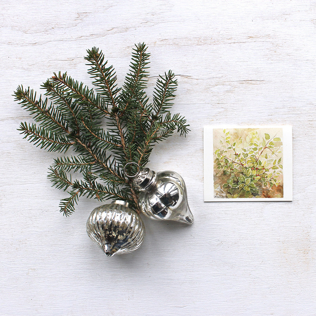 Holly gift tag featuring watercolor by Kathleen Maunder, trowelandpaintbrush.com