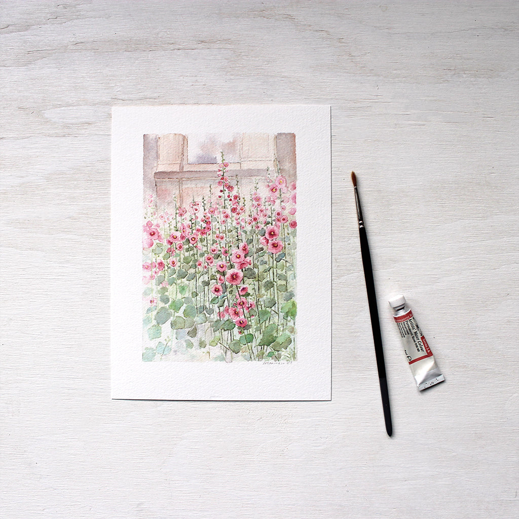 Hollyhocks art print based on an original watercolor by artist Kathleen Maunder.