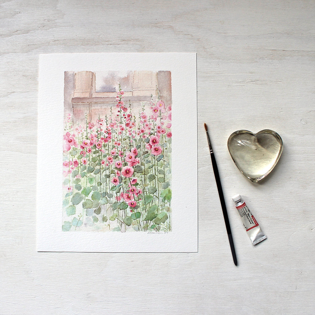 Hollyhocks art print based on an original watercolor by artist Kathleen Maunder.