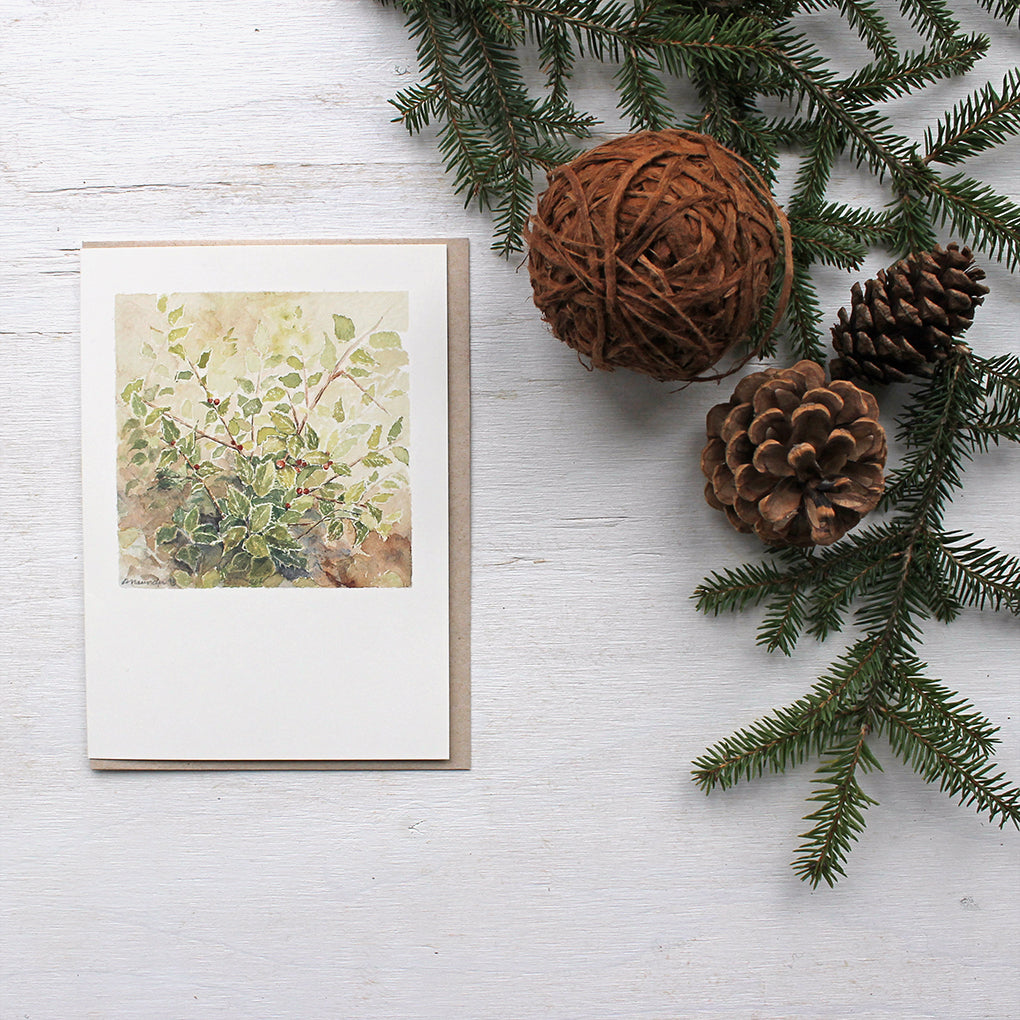 Note card featuring a watercolor of a holly bush. Lovely natural tones. Artist Kathleen Maunder
