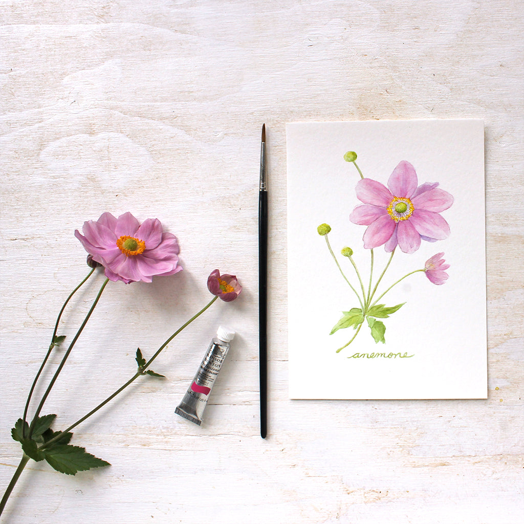 Reproduction of a watercolor painting of a pink Japanese anemone by artist Kathleen Maunder.