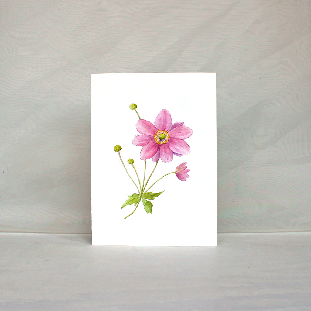 Note card with a watercolour painting of a pink Japanese anemone flower. Artist Kathleen Maunder.