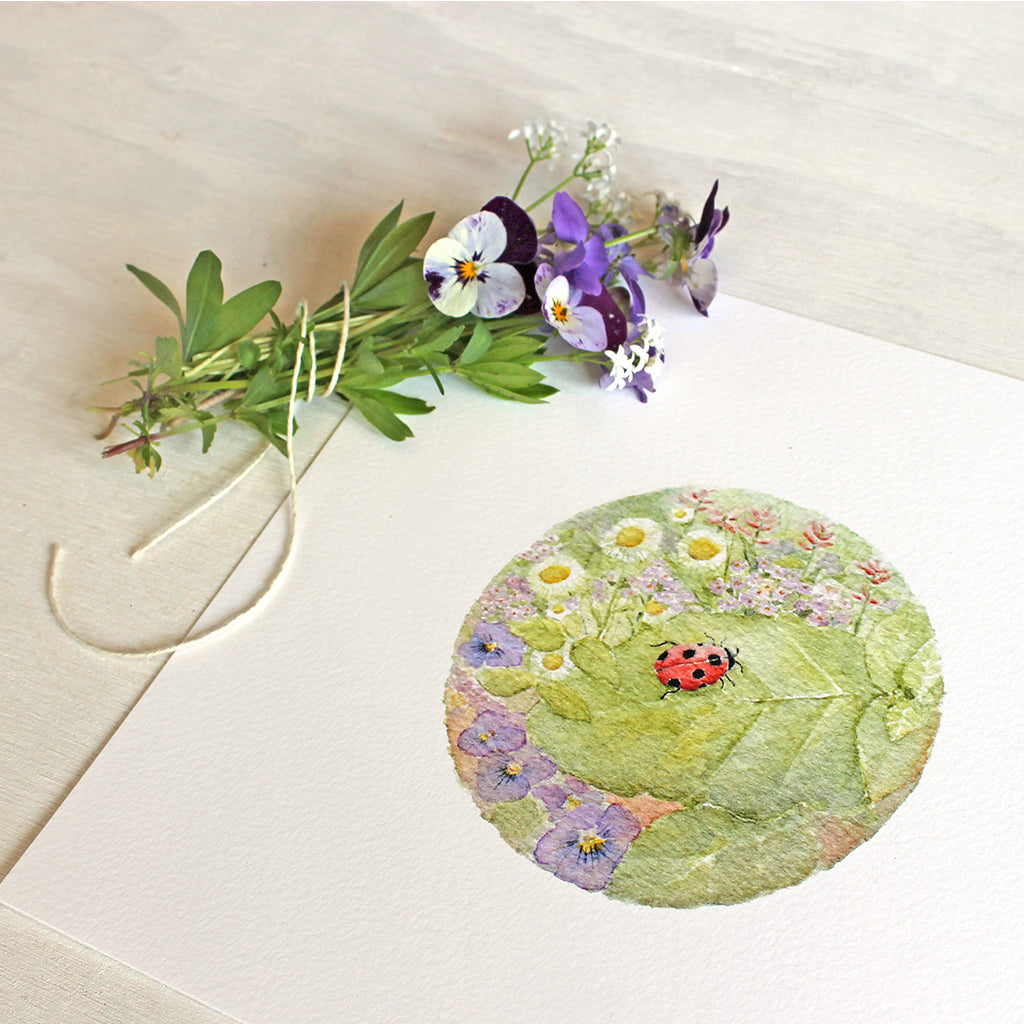 Close up of ladybug botanical watercolour print by Kathleen Maunder of trowelandpaintbrush