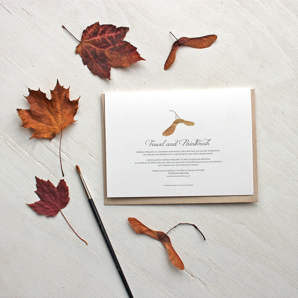 Back of Maples Leaves and Keys note card by watercolor artist Kathleen Maunder