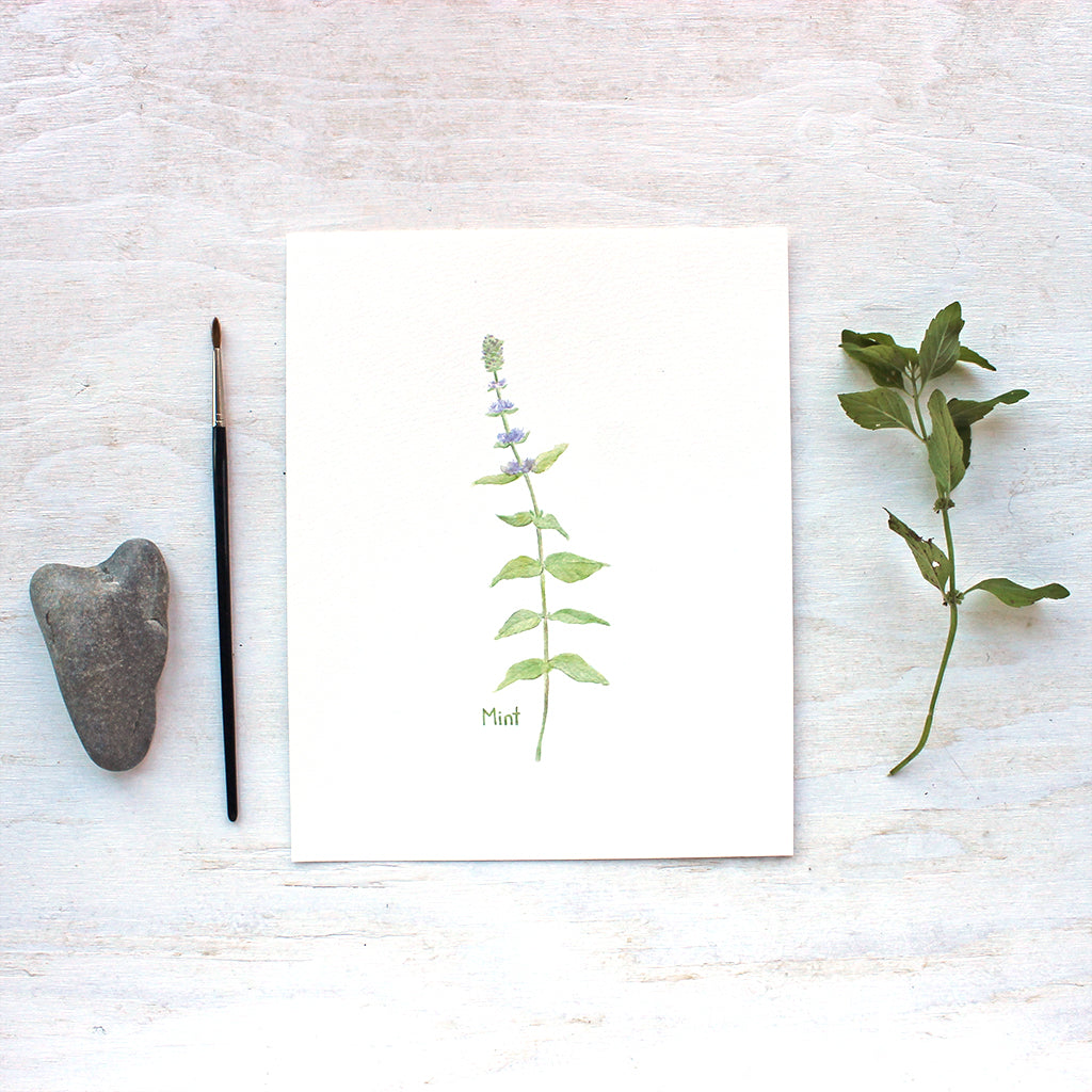 A botanical art print of a delicate watercolor painting of a stem of mint. Artist Kathleen Maunder.