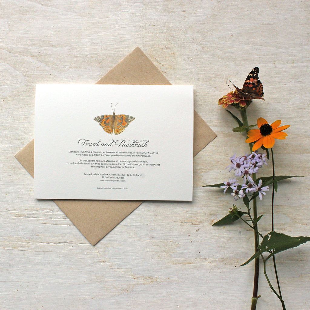 Back of painted lady butterfly note card by Kathleen Maunder of Trowel and Paintbrush