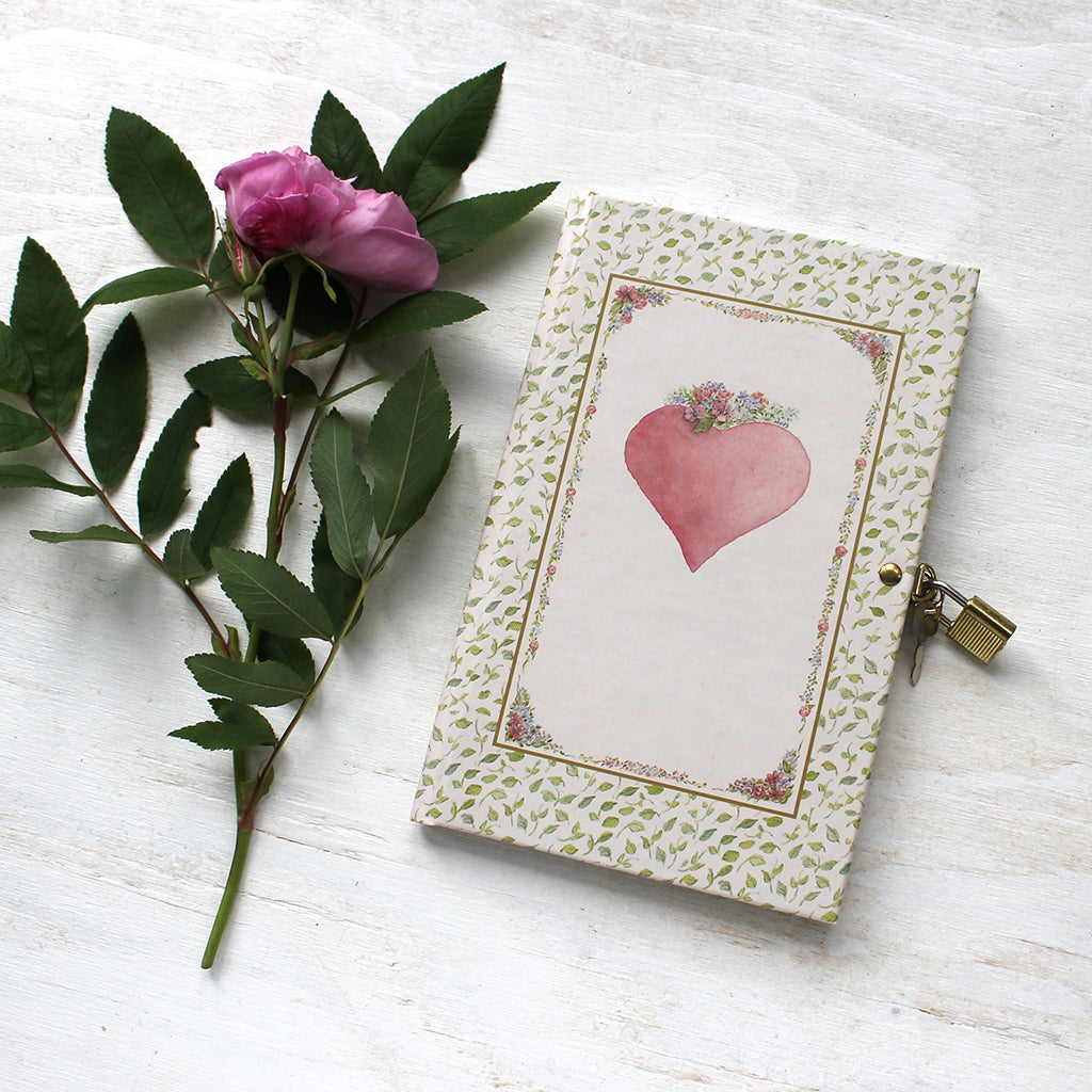 Pink Heart diary with lock and key. Featuring watercolor art by Kathleen Maunder.