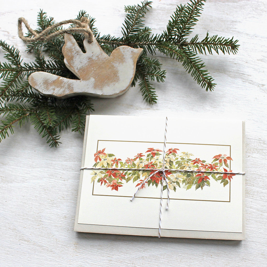 Poinsettias Holiday Card set by watercolor artist Kathleen Maunder, trowelandpaintbrush