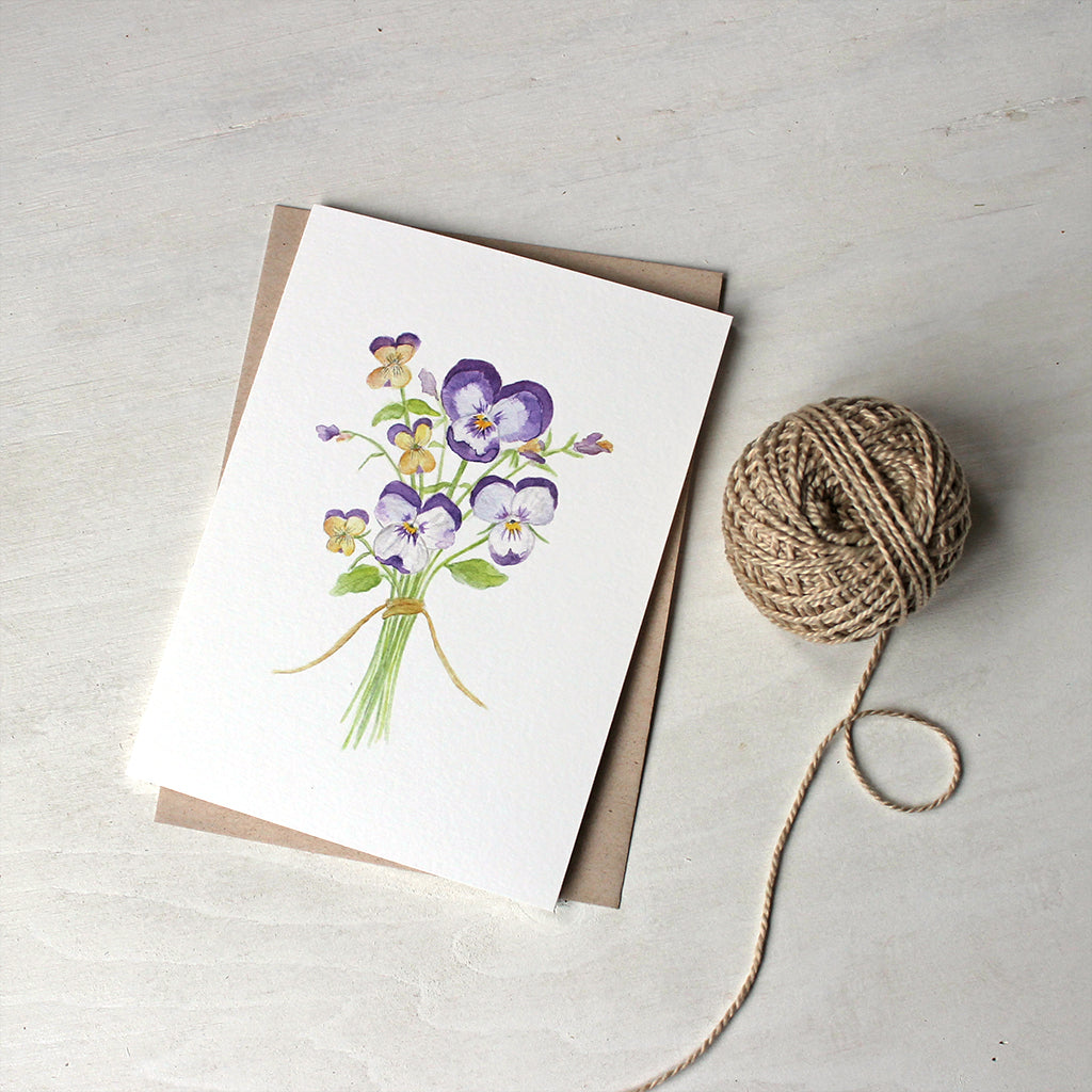 Watercolor note cards featuring a painting of a bouquet of pansies and violas by Kathleen Maunder