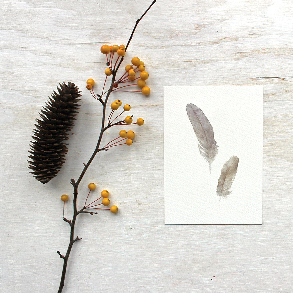 Sparrow feather art print by watercolor artist Kathleen Maunder of Trowel and Paintbrush