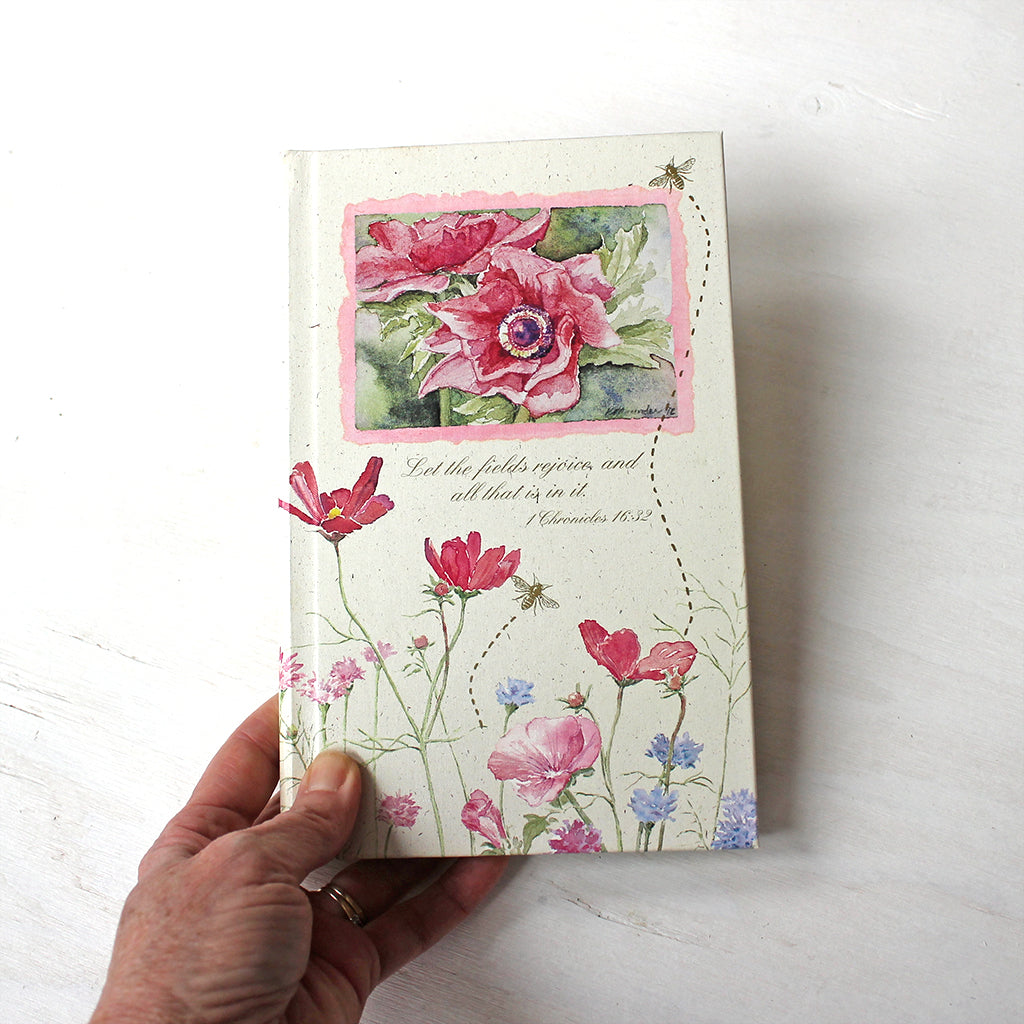 Vintage hardcover journal with Bible quotes. The floral watercolor paintings on the cover are by Kathleen Maunder.