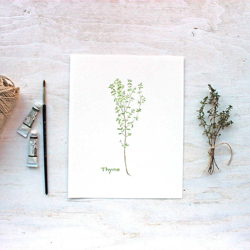 An art print featuring a delicate watercolor painting of a sprig of thyme. Artist Kathleen Maunder.