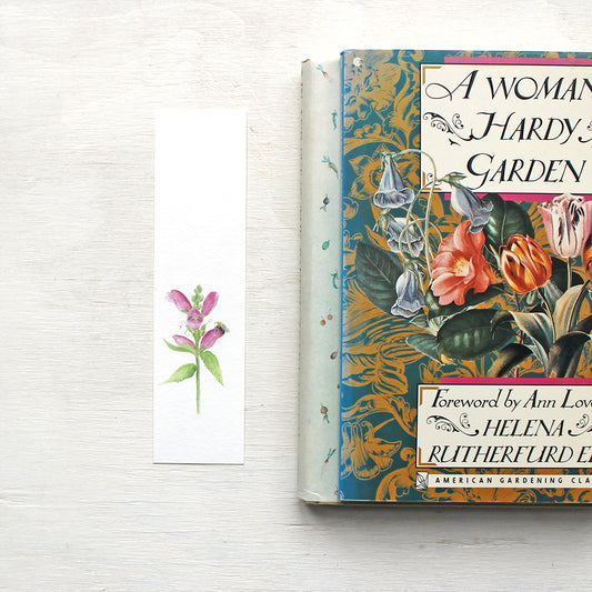 A floral bookmark featuring a watercolor painting of pink turtlehead and a bee. Artist Kathleen Maunder.