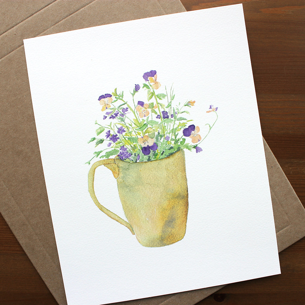 Art print of a lovely watercolor painting of violas and verbena in a ceramic mug. Artist Kathleen Maunder.