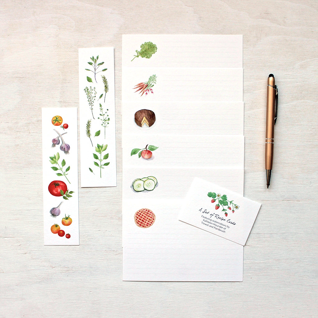 A Set of Watercolor Recipe Cards - 24 Recipe Cards plus 2 Bookmarks