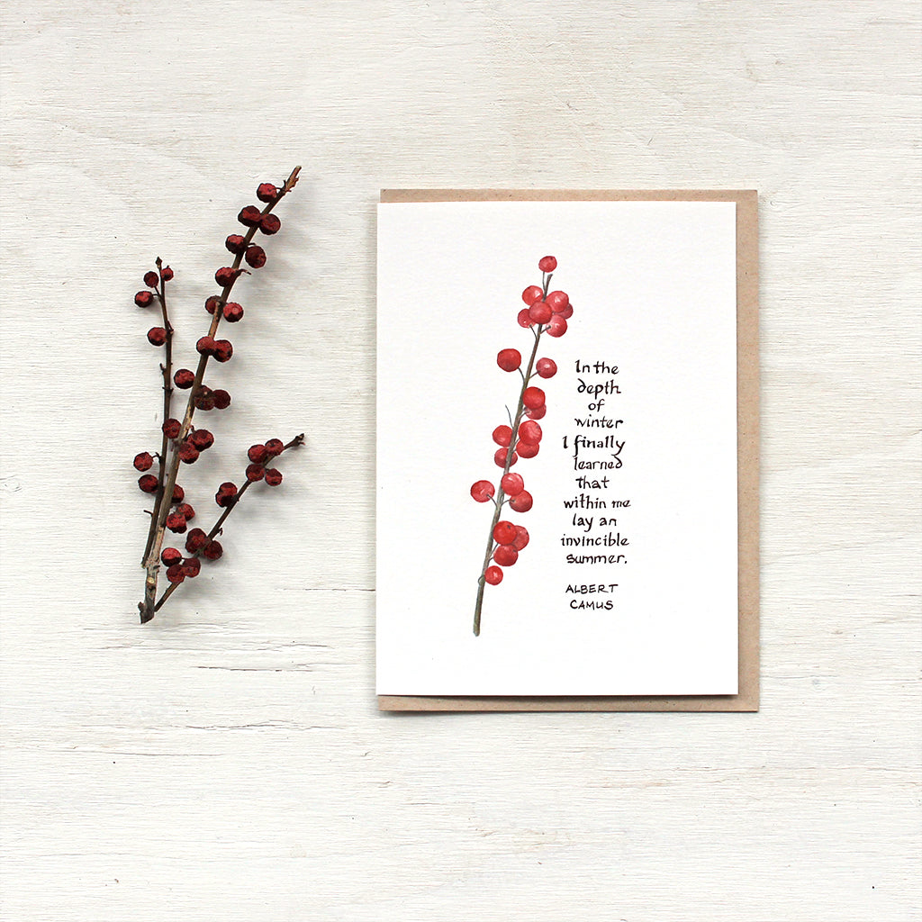 Note card featuring a watercolor painting of winterberry and a quote by Albert Camus