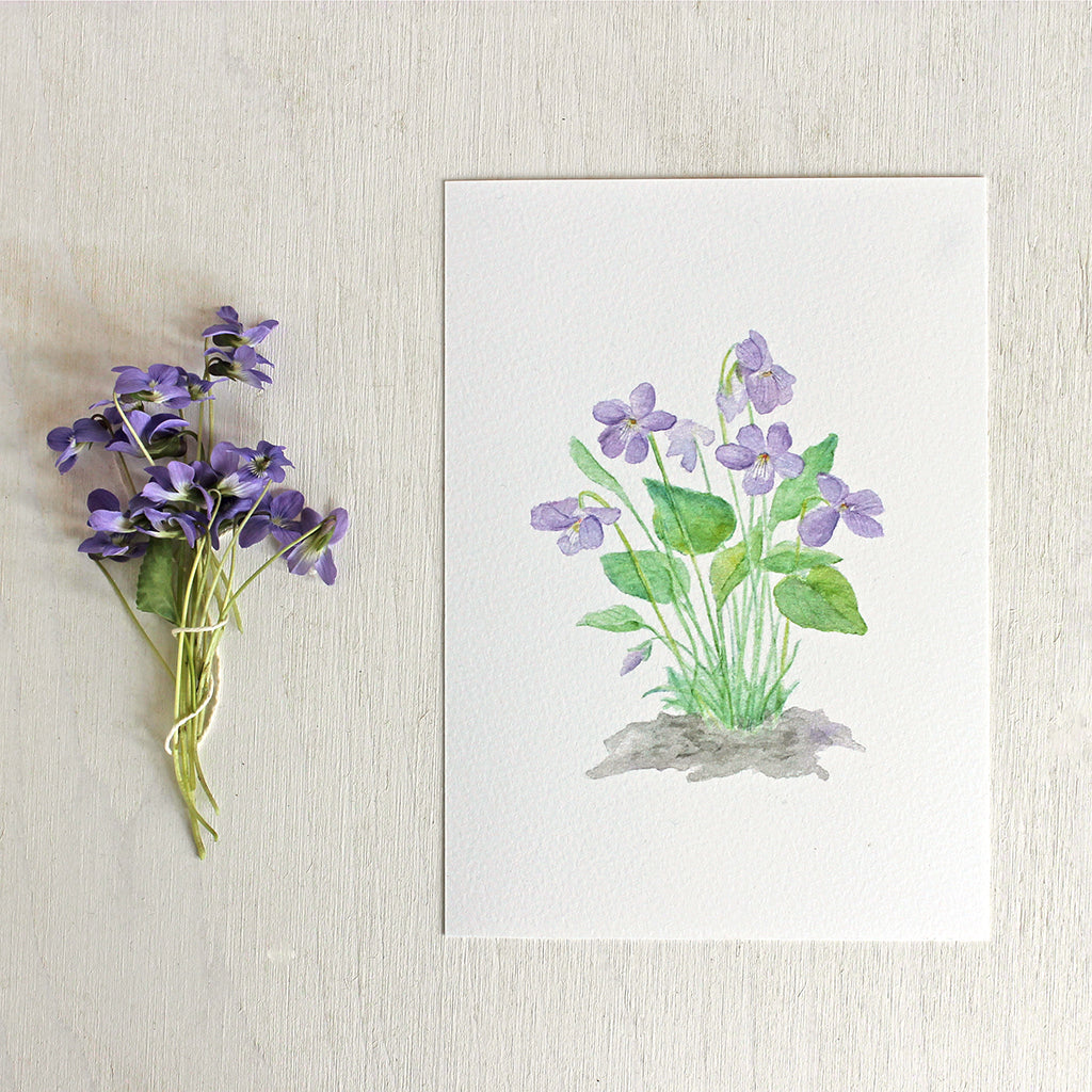 An art print of a delicate watercolor painting of wood violets by artist Kathleen Maunder.