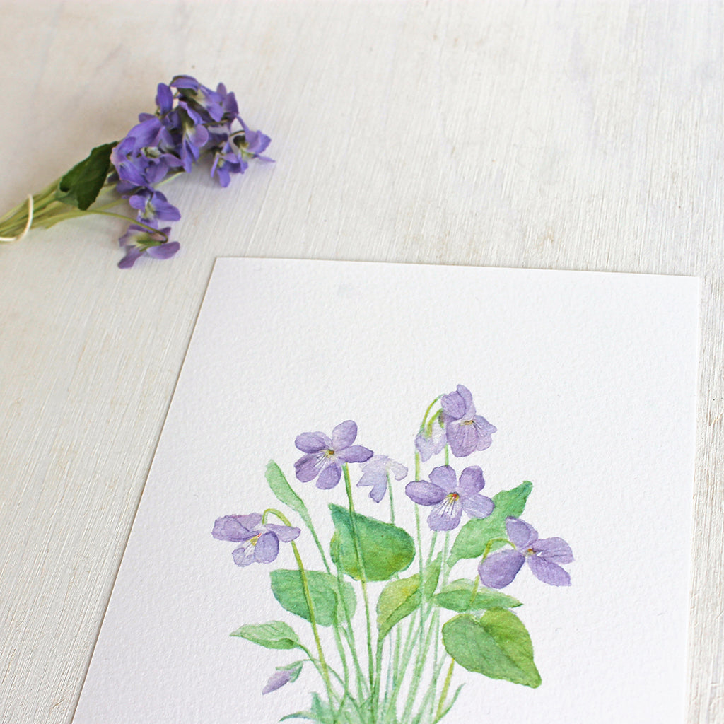 Detail of violets watercolor print by artist Kathleen Maunder, Trowel and Paintbrush