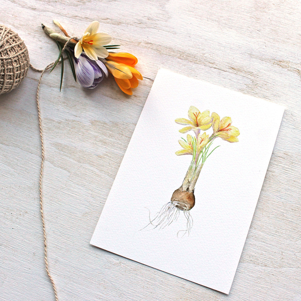 Art print featuring a yellow crocuses watercolour by Kathleen Maunder, trowelandpaintbrush