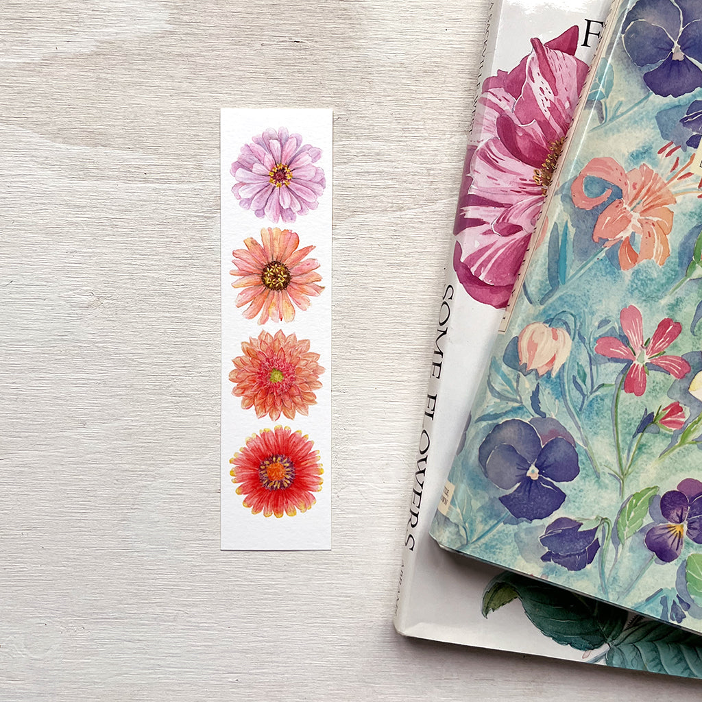 Floral bookmark featuring four colourful flowers by artist Kathleen Maunder