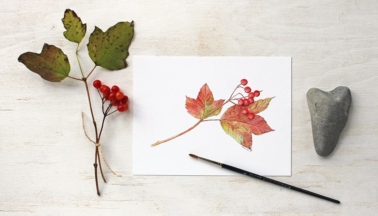 Autumn-themed watercolor art print of two red-orange viburnum leaves with red berries.