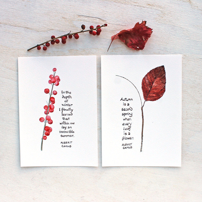 Winterberry and Autumn Leaf images with hand lettered Camus quotes, trowelandpaintbrush.com