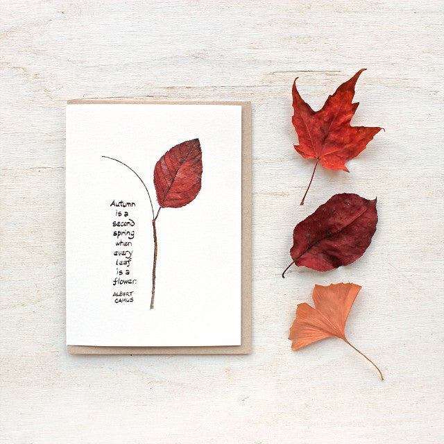 Autumn leaf watercolor cards with Albert Camus quote, trowelandpaintbrush.com