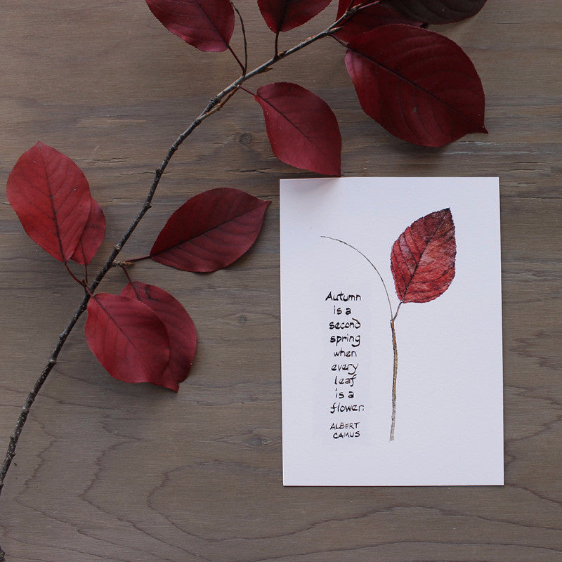 Autumn leaf watercolor with Camus quote by Kathleen Maunder