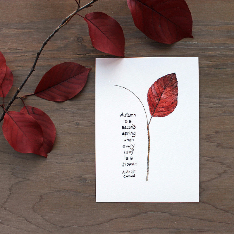 Autumn leaf watercolor with Camus quote by Kathleen Maunder
