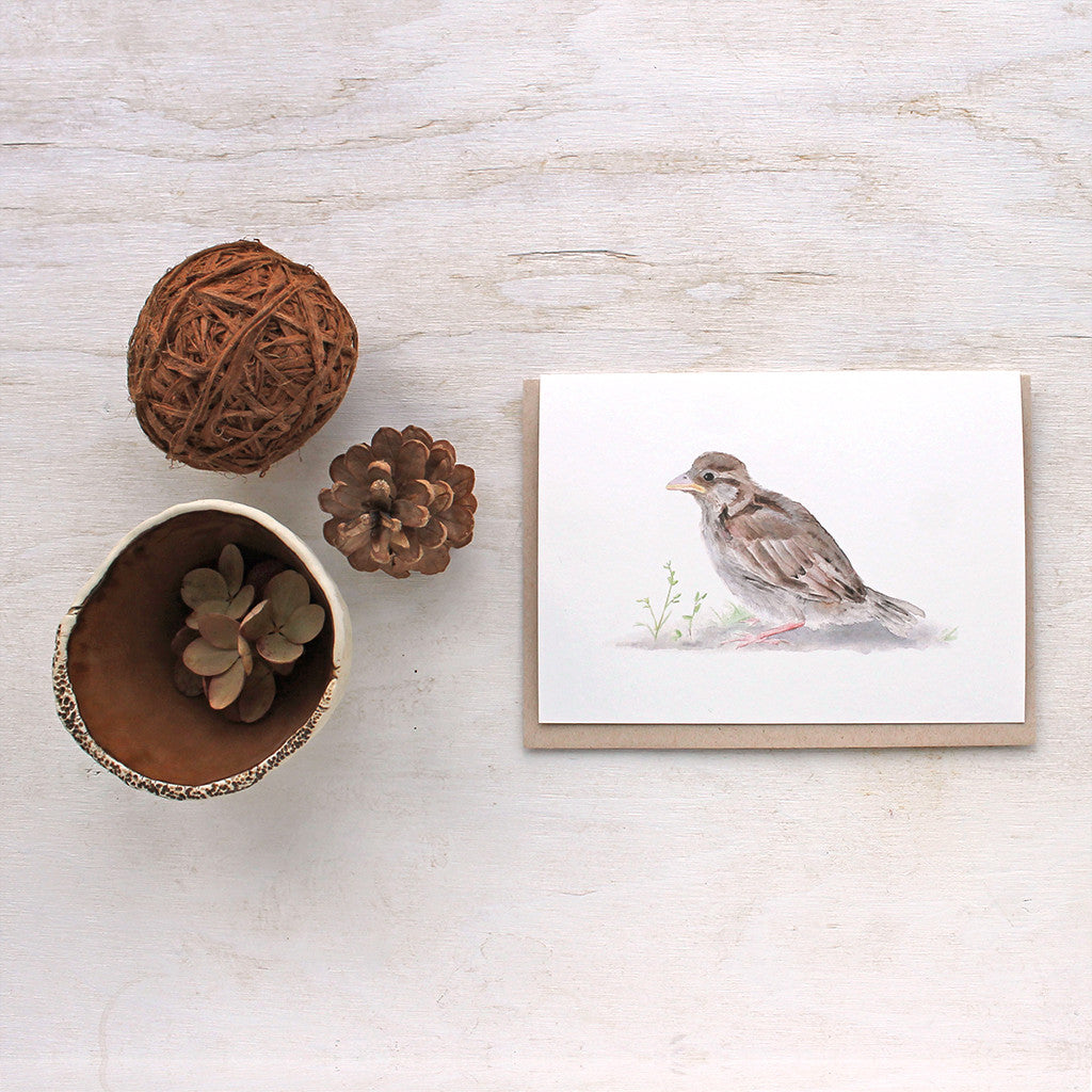 Note card featuring a baby sparrow by watercolour artist Kathleen Maunder