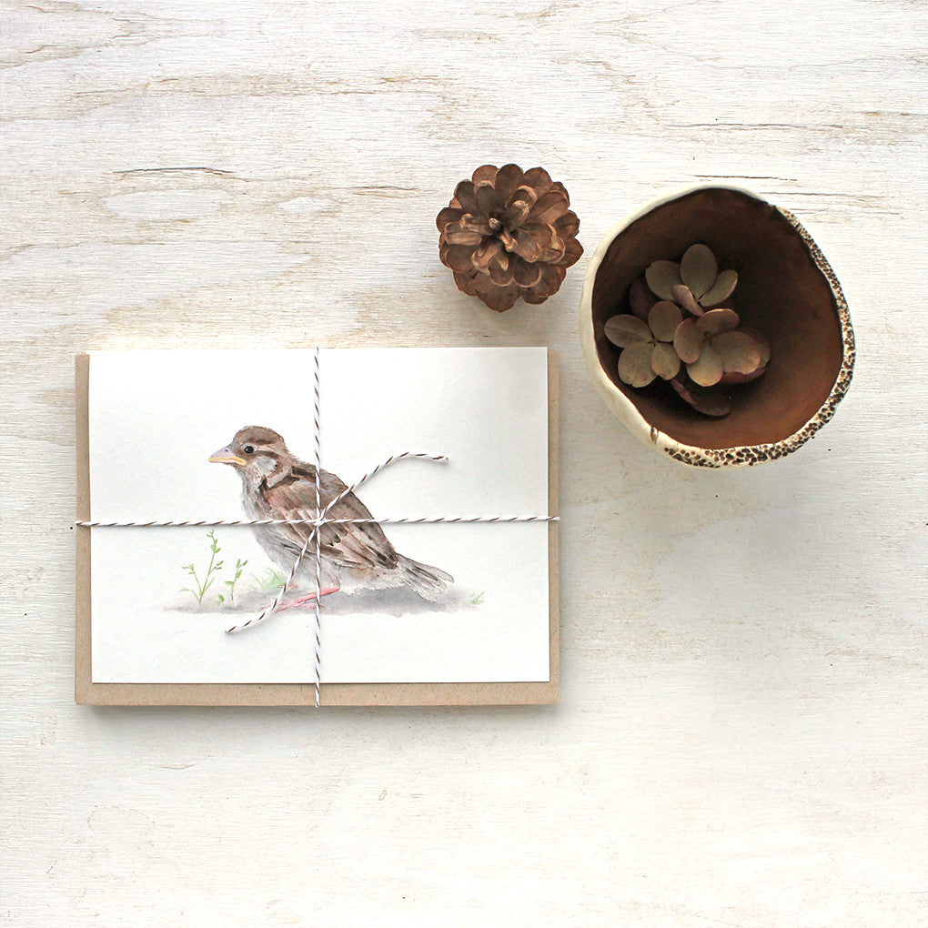 Set of note cards featuring a sparrow watercolor by Kathleen Maunder