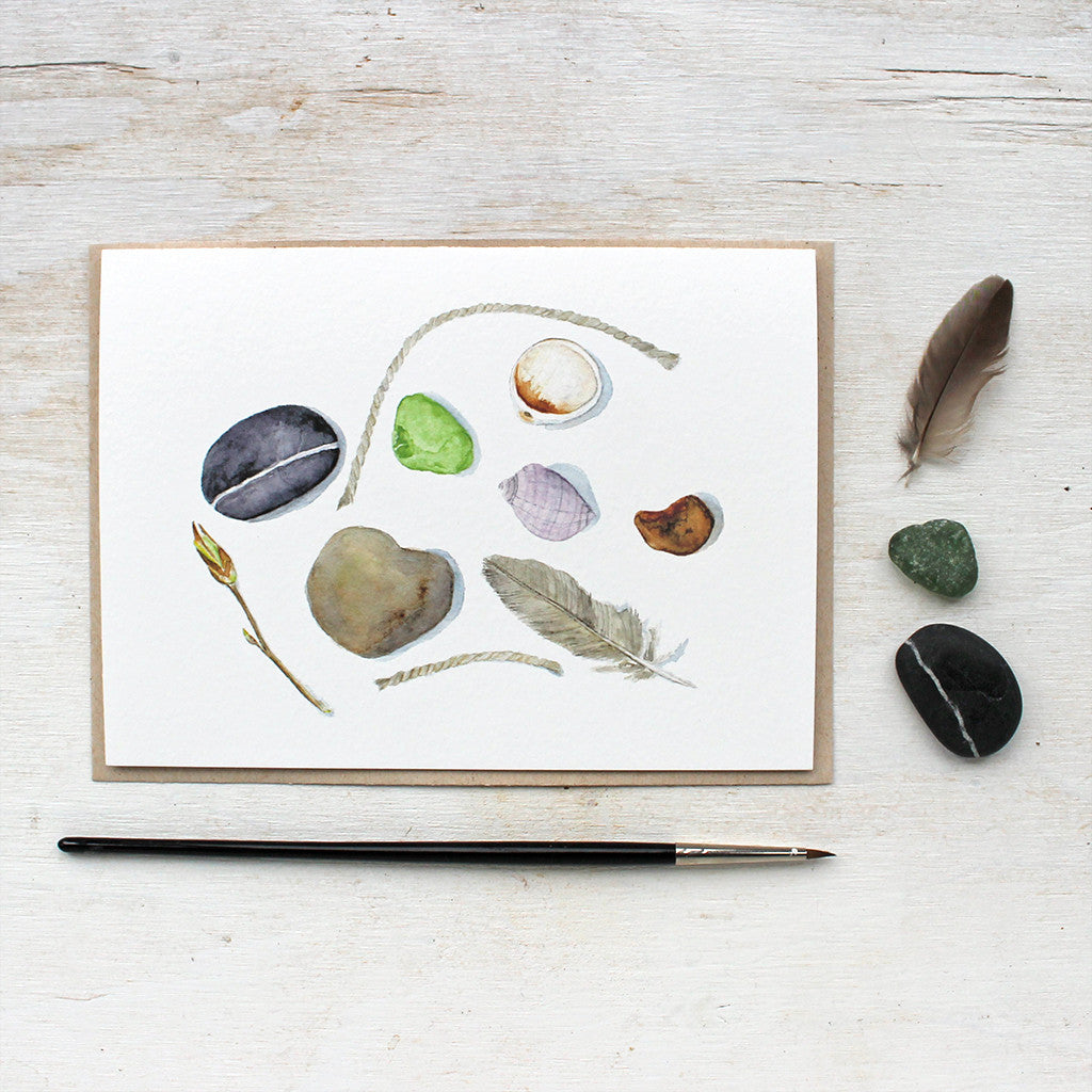 Beach collection note cards by watercolor artist Kathleen Maunder featuring shells, stones and sea glass.